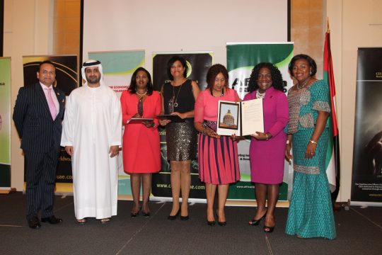 L-R; Dr. Nizami, HH Sheikh Al Maktoum, Mrs. Tabitha Karanja, Ms. Saira Khan, Mrs. Patience Nyaoga, Rep. Dee Dawkins and Mrs. Giami