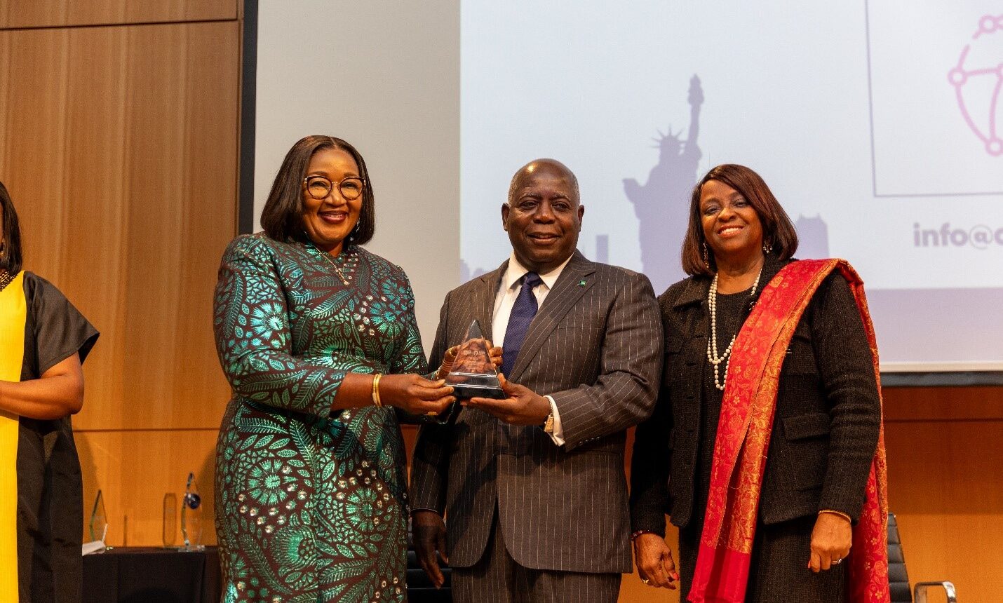 Middle- Philip Edward Davis, The Prime Minister of the Bahamas, Right - 3.	The Hon. Reta Jo Lewis, Co-Chair GPWN, Immediate Past Chair, US Export-Import Bank& Right- …….. during the Awards presentation at GPWF 2025 New York Event