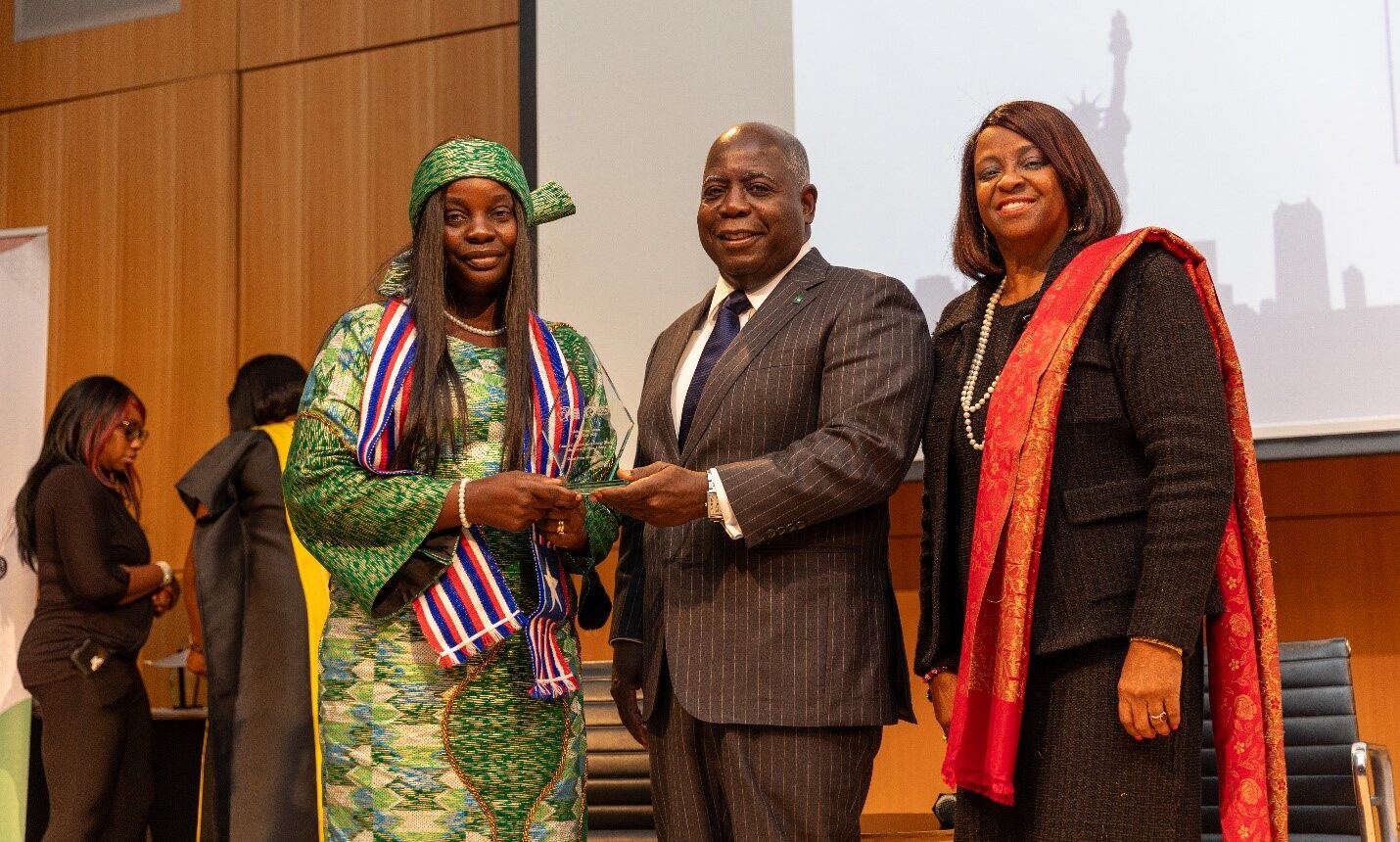 From Left – Right: General Geraldine Janet George (Rtd.), Minister of Defence, Liberia; Prime Minister Philip Davis of the Bahamas &    The Hon. Reta Jo Lewis, Co-Chair GPWN, Immediate Past Chair, US Export-Import Bank at GPWF 2025 New York Event