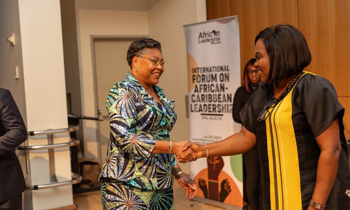 HE, Judith Suminwa Tuluka, Prime Minister of the Democratic Republic of the Congo exchanges pleasantries with Dr. Mrs  Ibifuro Ken-Giami, ED CELD & Host of GWPA