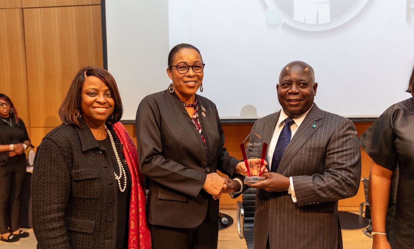 Left to Right: Prime Minister Philip Davis of the Bahamas presenting the Female Impact Award to HE, Sylvanie Burton D.A.H, President of the Common Wealth of the Dominica & The Hon. Reta Jo Lewis, Co-Chair GPWN, Immediate Past Chair, US EXIM Bank at GPWF 2025 New York Event