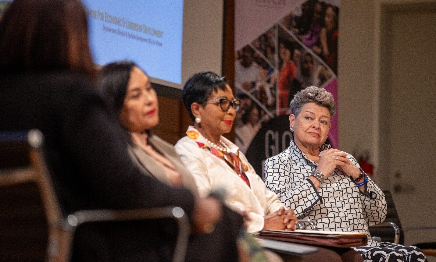 Right to Left: HE, Dr. Lucrecia Peinado, First Lady of the Republic of Guatemala; HE, Mrs. Ann Marie Davis, Spouse of the Prime Minister of the Commonwealth of The Bahamas;  HE, Rossana Briceño, Spouse of the Prime Minister of Belize during the GPWF 2025 New York Event